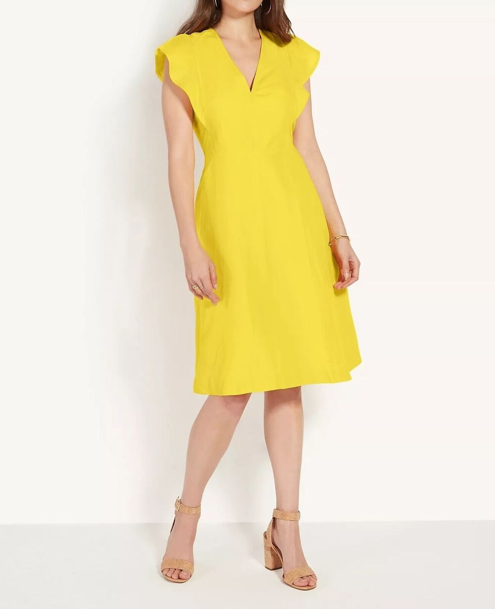 Ann Taylor Ruffle Sleeve Midi Flare Dress Yellow Linen Lyocell Casual Womens 8